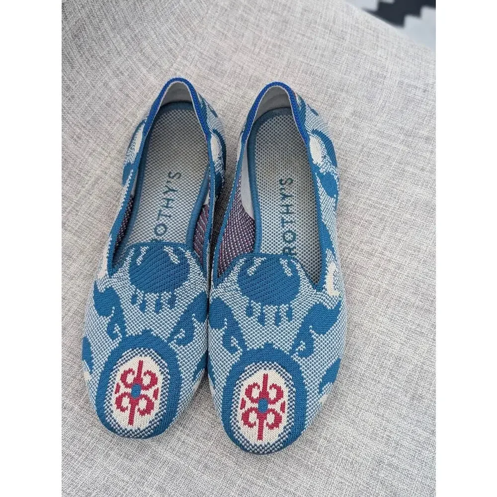 Rothy's Blue White Patterned Flats with Red Accents - Picture 6 of 9